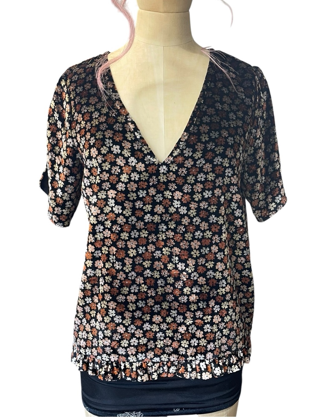 Madewell Burnout Velvet Floral V-Neck Ruffle Hem Short Sleeve Top XS NEW